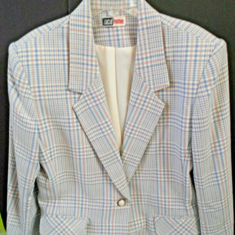 Lucia Petite Sz 8 Blue Plaid Blazer Skirt Set